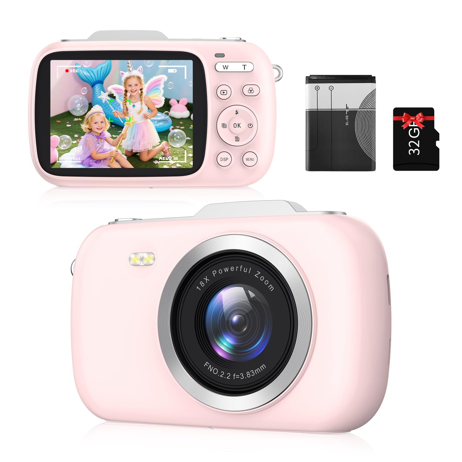 Digital Camera FHD 5K 80MP Vlogging Camera for Kids Beginner Teens, 2.8" Screen 18X Zoom Anti Shake Date Stamp, Compact Small Camera Christmas Birthday Gift for Boys Girls, Pink