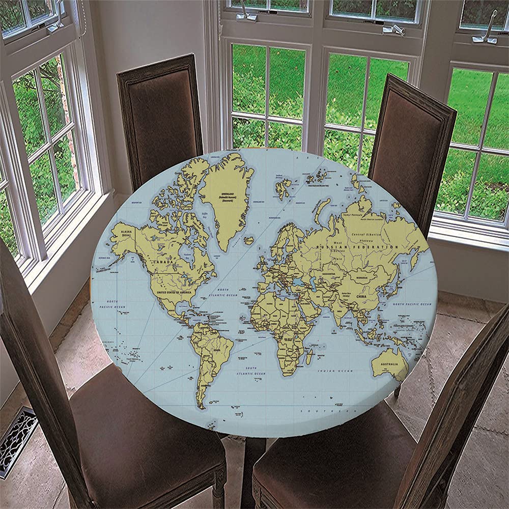 Chickwin Round Fitted Tablecloth Waterproof Dust-Proof Wipe Clean World Map Printed Table Cover Elastic Edged, Table Protector for Kitchen Patio Dining Room (Green continent,120cm)