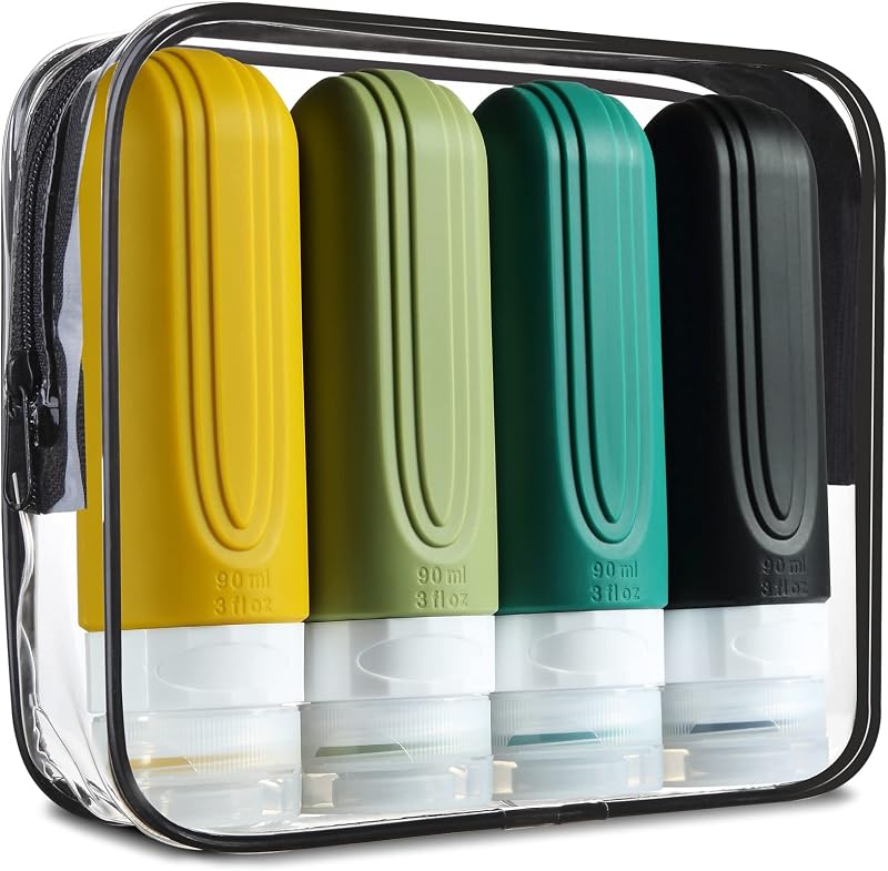 Frascos de viagem Mrsdry para produtos de higiene, silicone, 3 oz, Pacote com 4 e bolsa com zíper