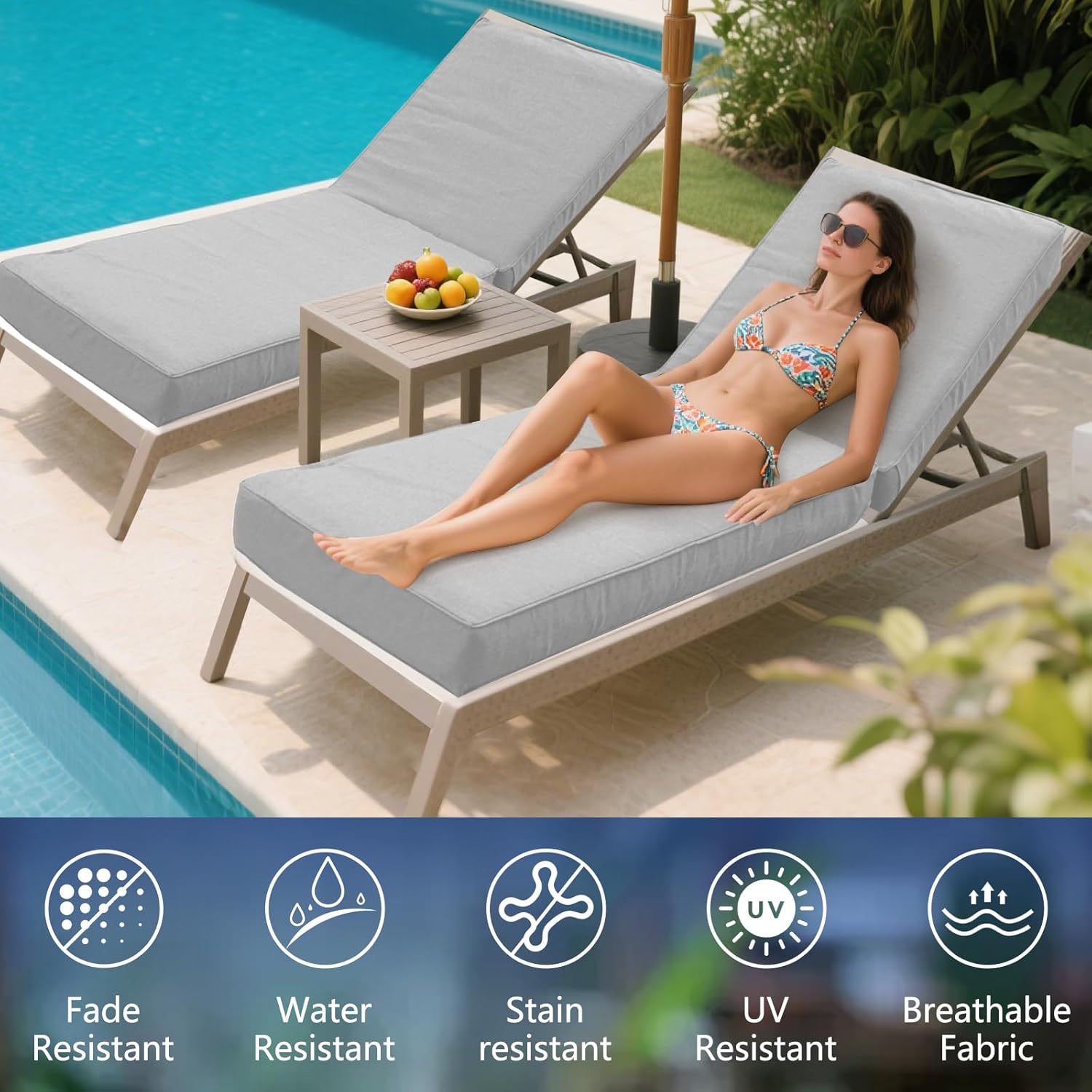 Outdoor Chaise Lounge Cushion 72"x21"x6", Waterproof 6" Extra Thickness Lounge Cushion with Removable Cover, Patio Lounge Chair Cushions for Outdoor Furniture, Light Gray