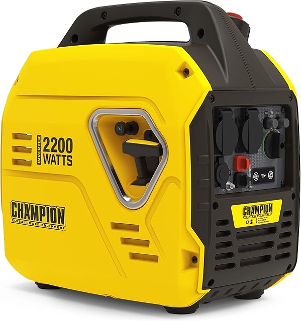 Champion Power Equipment Generator prądu The Mighty Atom (inwerter 2200 W, tylko benzyna, 58 dBA  odległość 7 m, gniazdo 12 V DC i adapter USB z podwójnym portem, na kemping/na zewnątrz) 9200i-EU