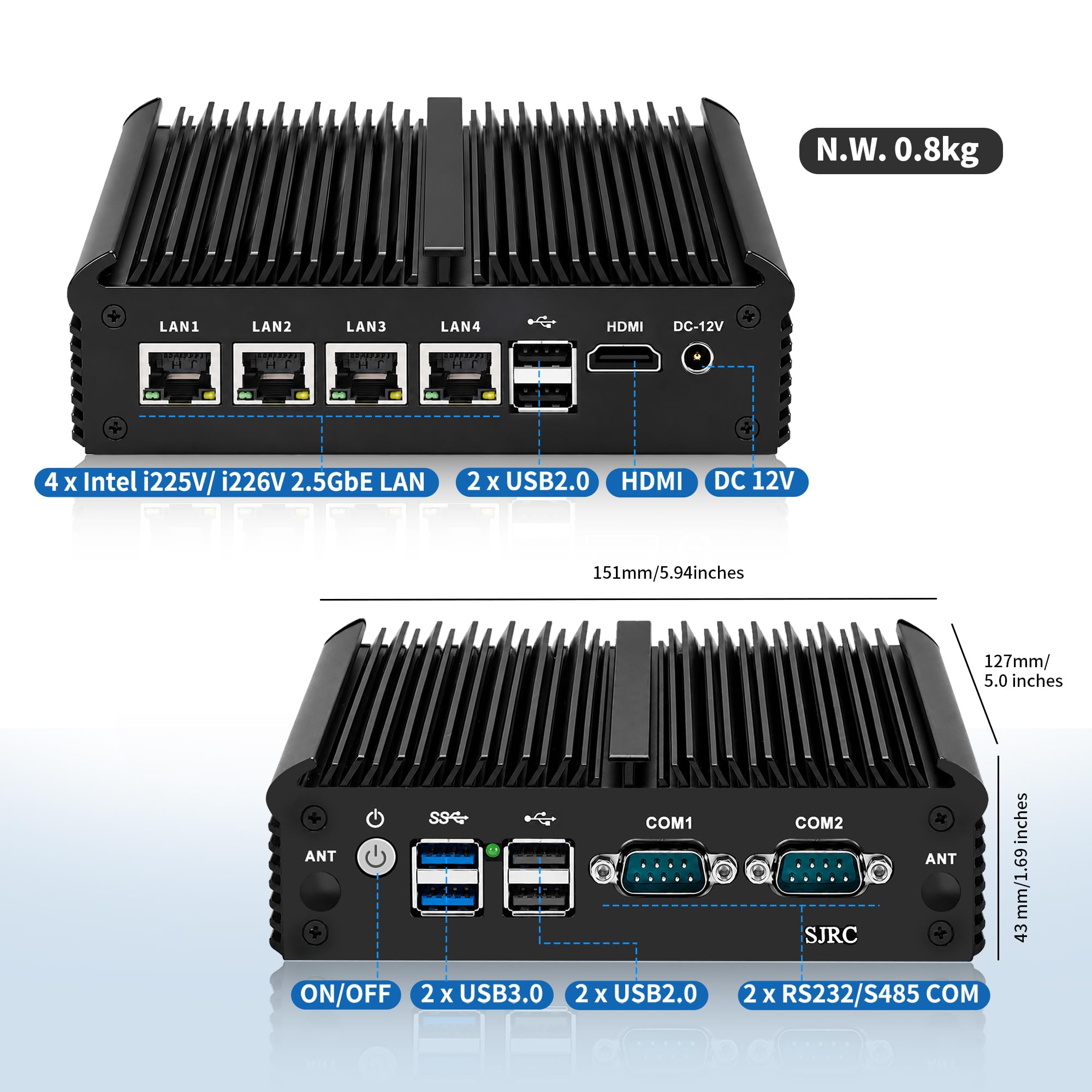 SJRC Fanless Firewall Mini PC J4125, 4X 2.5GbE i226-V Routeur Homelab, OPNsense Appareil Réseau, DDR4 8Go RAM 128Go mSATA SSD, AES-NI, 2X RS232/RS485 COM, mPCIe, SIM