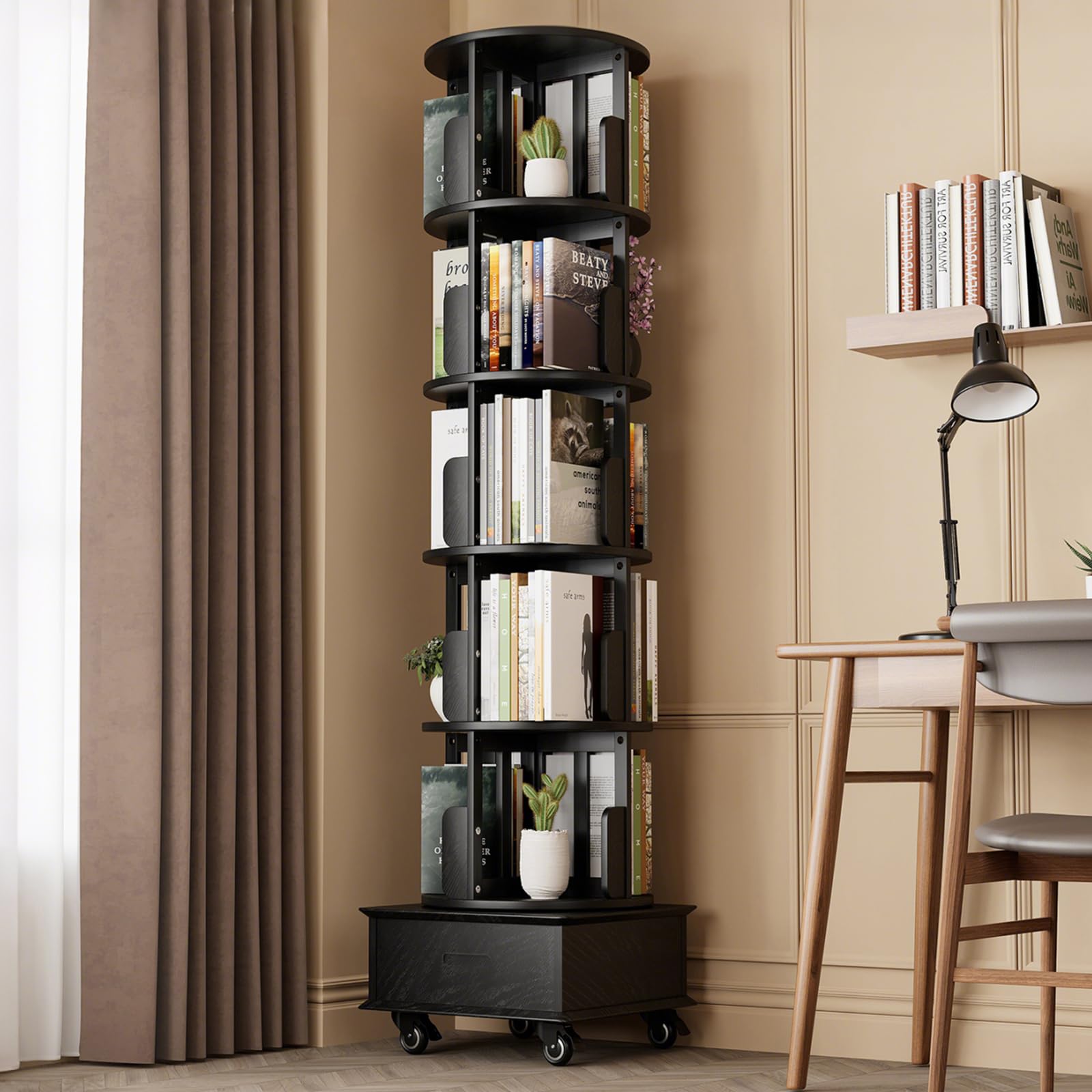 Photo 1 of JIAWORLDER 72" Solid Wood Rotating Bookshelf Tower on Wheels, 5-Tier Spinning Bookcase with Drawer, Floor Standing Revolving Bookshelf, Rotating Bookcase for Small Space, White