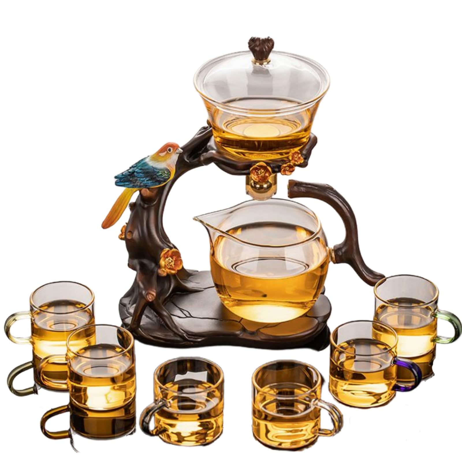 Lazy Kungfu Service à thé créatif en verre avec bol rotatif semi-automatique avec infuseur (oiseau avec 6 tasses)