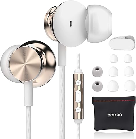 Betron BS10 Noise Isolating Earphones, In Ear Headphones with Microphone and Volume Control, Powerful Bass Sound includes 3 Different Sized Pairs of Ergonomic Earbuds and Carry Bag, Gold