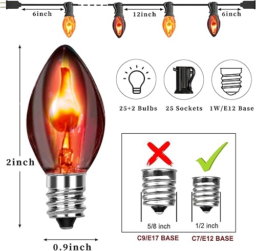 Miniatura 2 de Couah Tira de luces de llama parpadeante de Navidad con 27 bombillas de llama naranja y púrpura transparentes C7 (2 de repuesto), tira de luces de