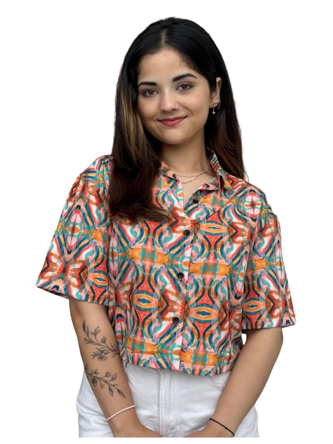 tandul Women's Printed Multicolor Crepe Shirt Regular Fit Half Sleeve Shirt for Womens Soft & Breathable & Comfortable Outfits for Office, Casual, Festive & Party (11562)-picture-12