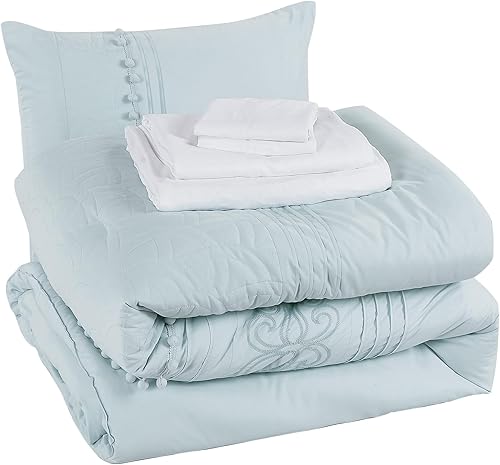 Miniatura 7 de Chezmoi Collection Athena Bed in a Bag - Juego de edredón de 7 piezas de felpilla bordada con pompones y sábanas para todas las estaciones, Queen,