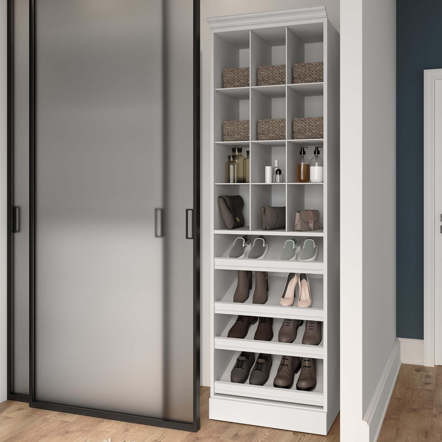 Bestar Versatile Shoe Closet Organizer, 25-inch White Wardrobe for Bedroom, Mudroom, Entryway, or Kitchen Pantry