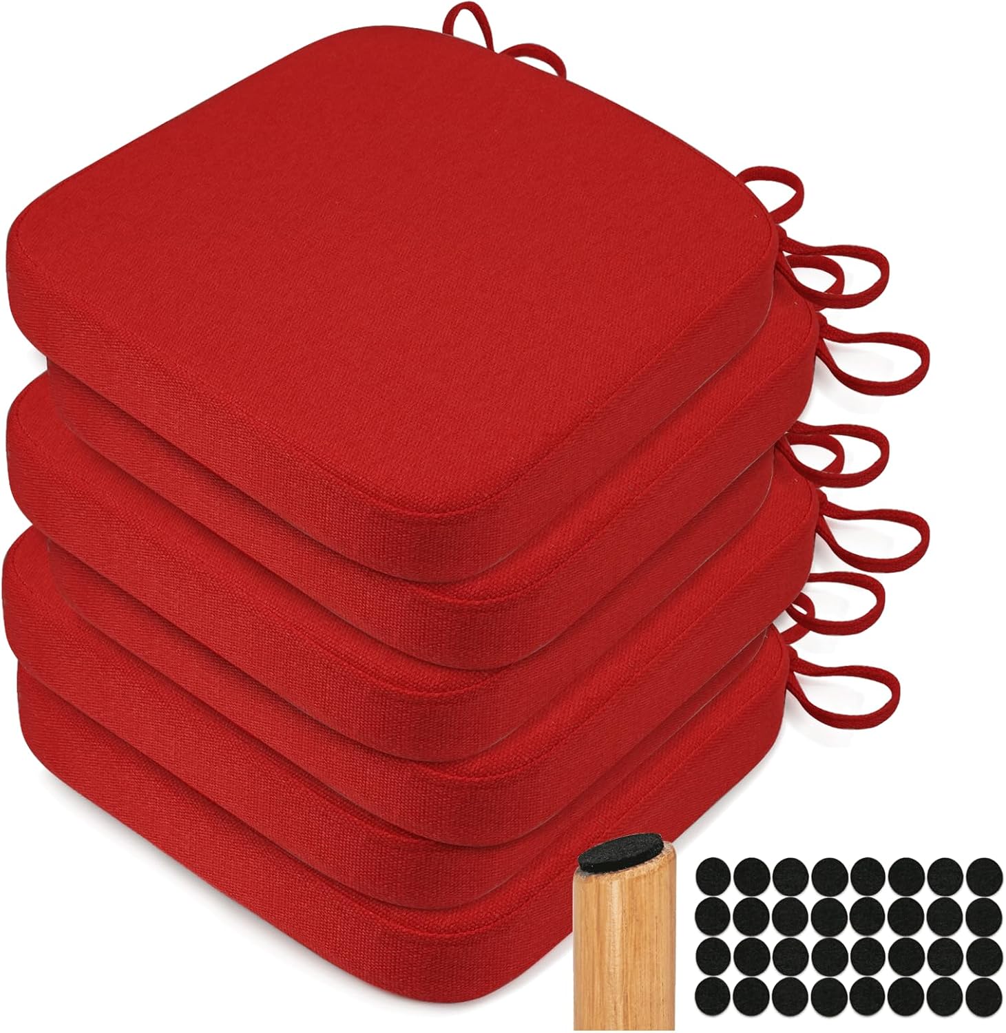 SINOSSO Thickened 2" Memory Foam Dining Chair Cushions 6 Pack, Breathable Fabric Square Comfortable Chair Pads for Kitchen, Slip Resistant Indoor Chair Seat Cushions, (6 PCS, Red) Red 6