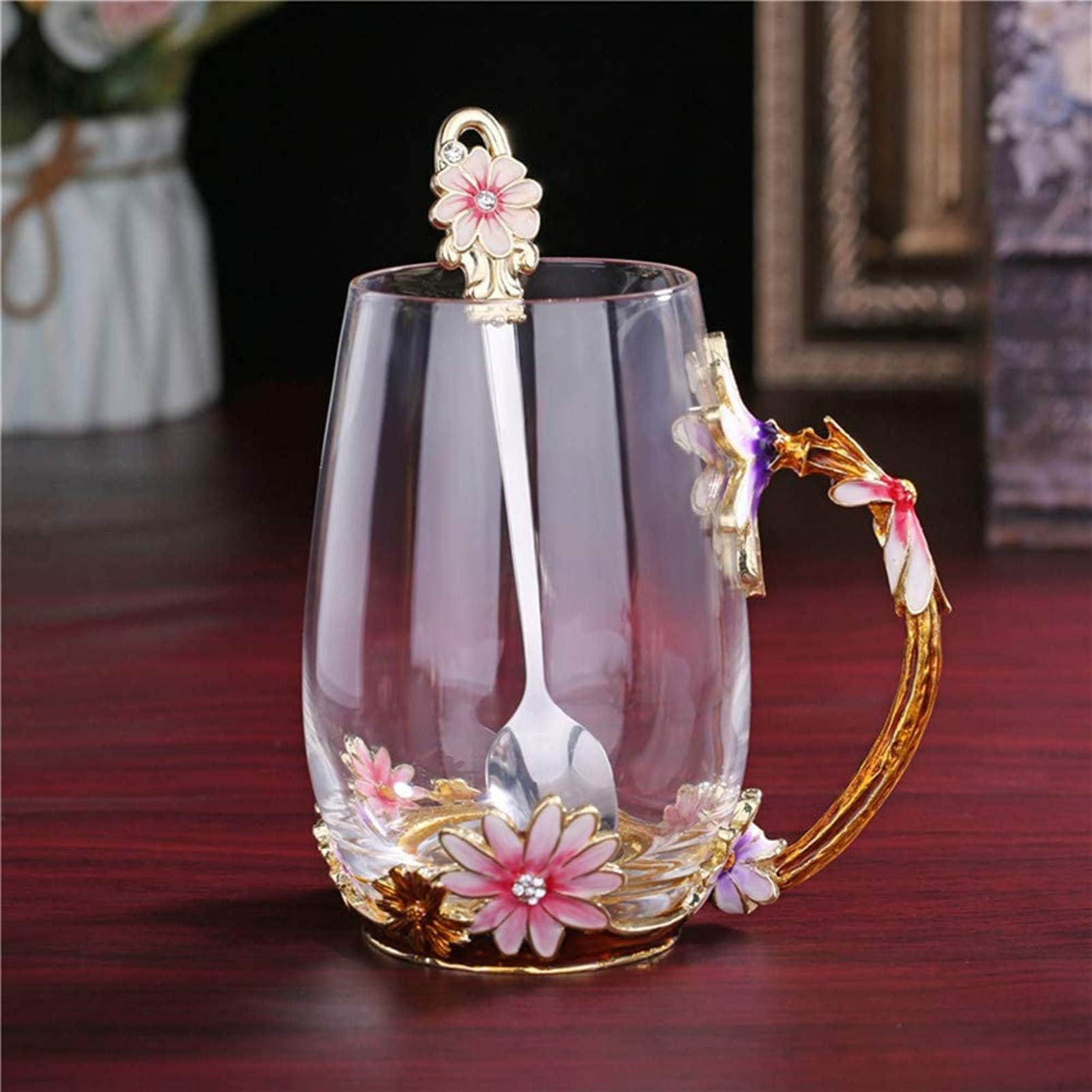 Tea Cups Coffee Mug Cups Clear Glass With Spoon Set Handmade Daisy Best Valentine's Day Gift For Newlyweds, Christmas, New Year, Anniversaries, Parents, Weddings, Engagements, Couples Gifts,13OZ