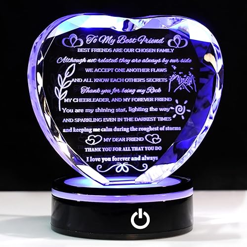 YWHL Regalos de cumpleaños para mejores amigas con base LED, regalos de recuerdo de corazón de cristal para amigas, regalos de amistad para mujeres,