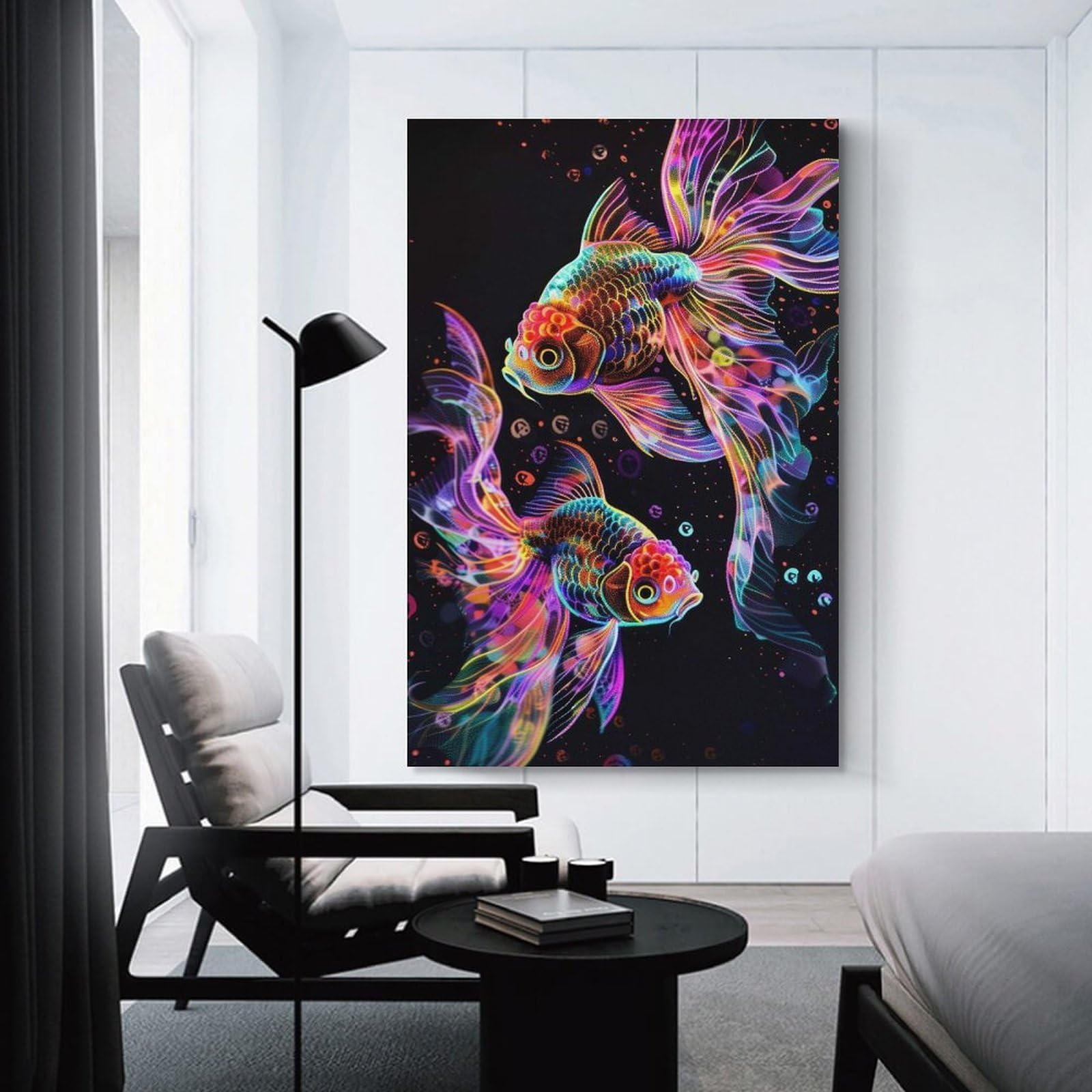 Junmoney Unframe-Style-12 Canvas Wall Decor Neon Goldfish Pair On Black, 16X24inch(40X60cm), For Home Lounge, Bedroom Or Reading Nook, Eye Catching Artwork For Blank Walls