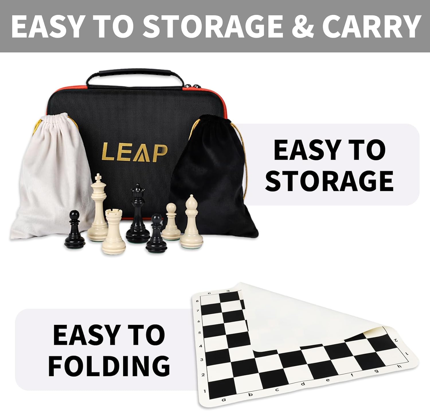 Tournament Chess Set/ 20''x20'' Foldable Silicone Chess Board / 3.75'' King Height Plastic Quadruple Weighted Classic Staunton Pieces/Storage Bag for Beginner Adult