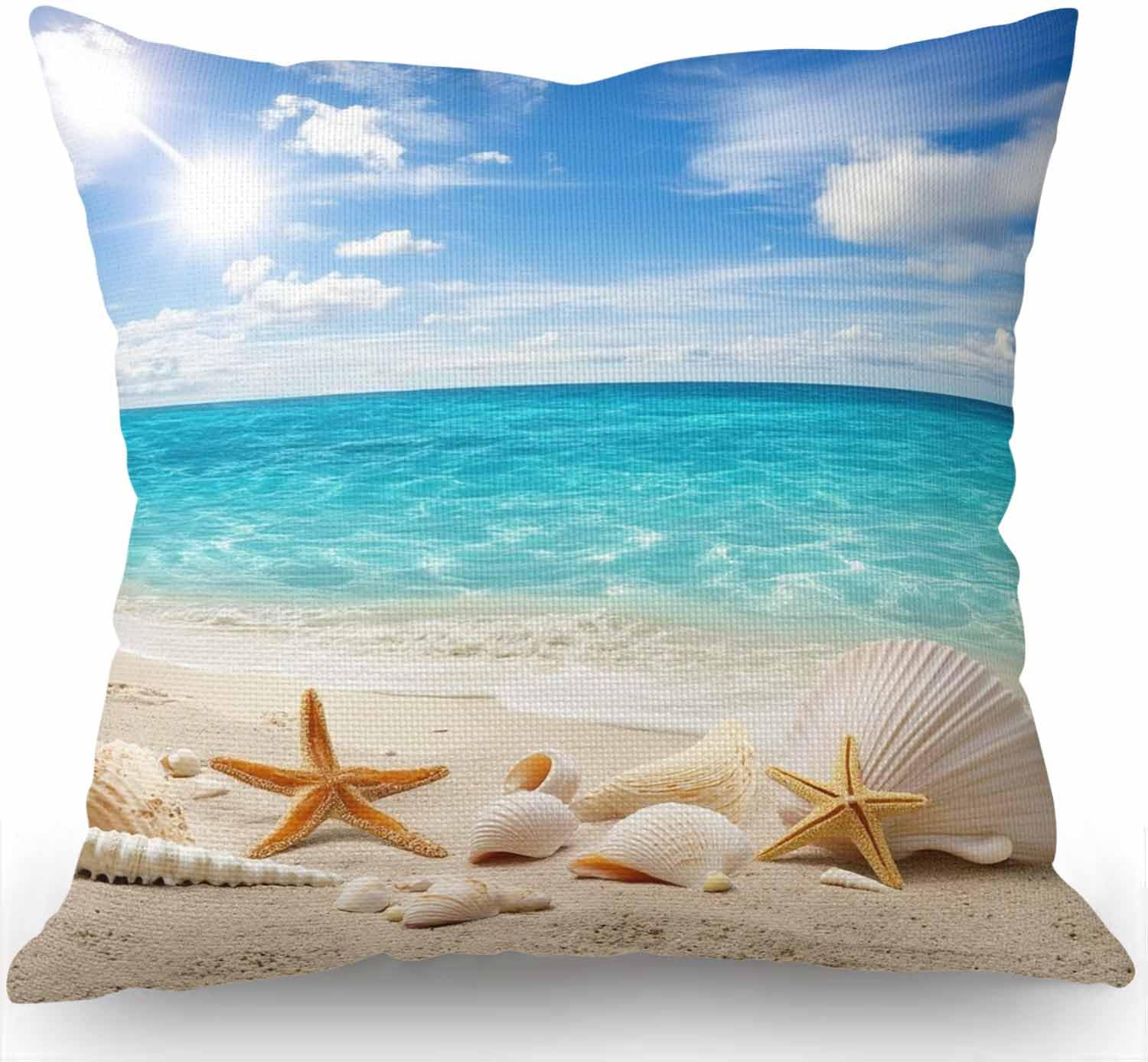 Swono Caribbean Samana Beach Throw Pillow Cover Seashells Starfishes Beach Seascape Cotton Linen Decorative Pillow Case Cushion Cover Home Sofa Decor