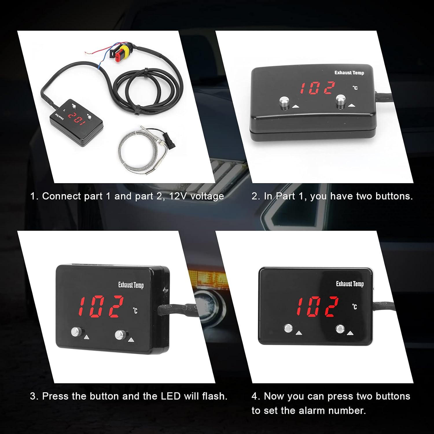 Car EGT Meter, Car Gas Temp Gauge Meter Red LED Digital Display Universal for 12V Vehicle