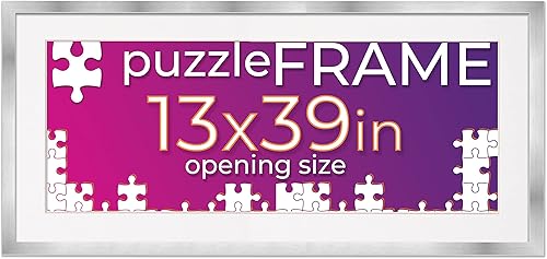Poster Palooza Marco de rompecabezas de 13 x 39 pulgadas, marco de madera plateado con paspartú (blanco) hecho para exhibir rompecabezas de 13 x 39