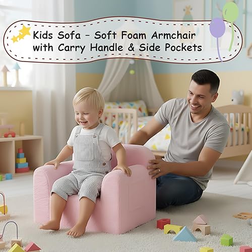Miniatura 5 de Tiita Sofá para niños, sofá Chirldren con asa de transporte y bolsillos laterales, silla de espuma para niños, silla con reposabrazos para niños,
