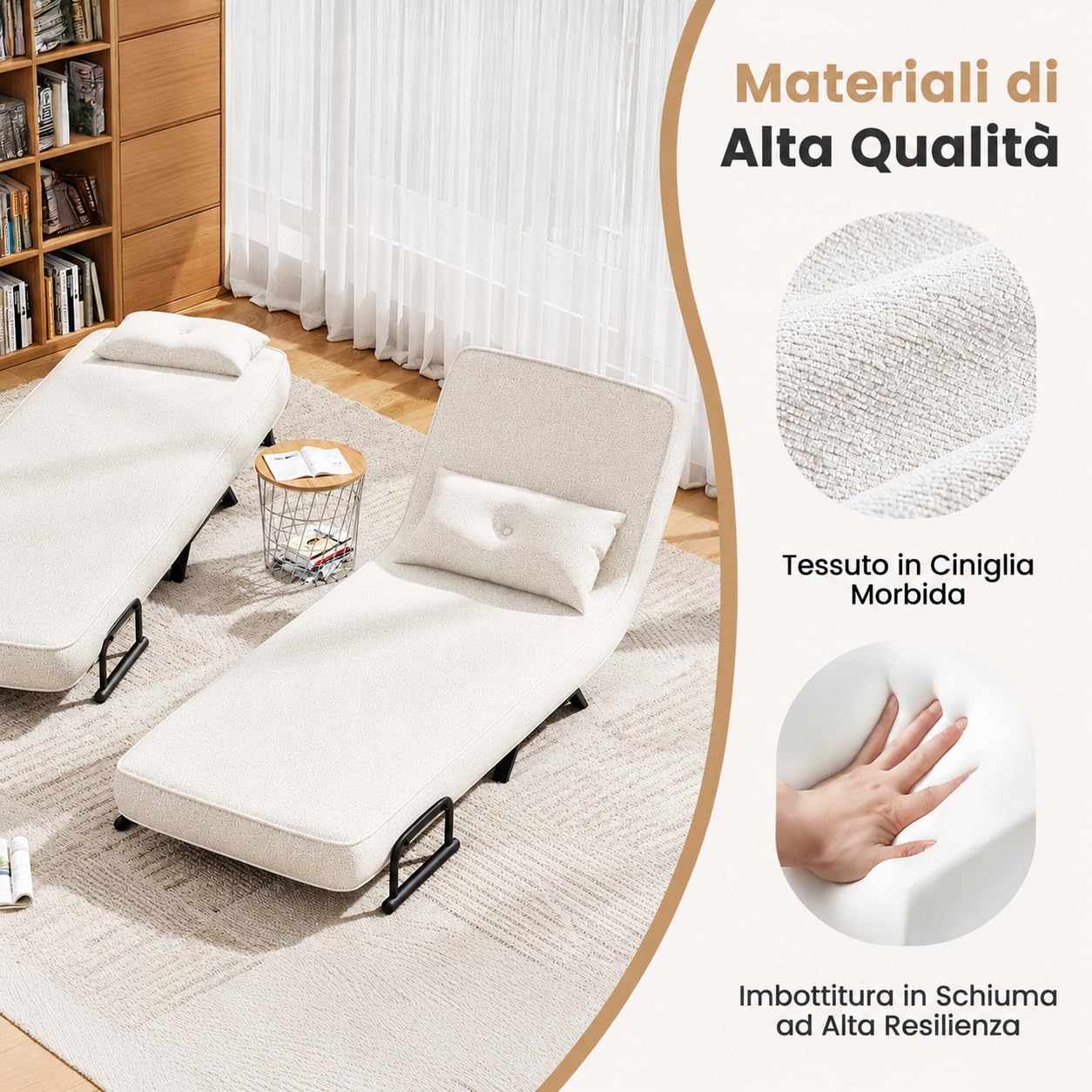 YOUDENOVA Poltrona Letto, Divano con Funzione Letto, Divano Letto con Schienale Regolabile, Divano con Tasche Appendibili, Divano Pieghevole, Letto per Ospiti, Chenille, 190 x 69 cm, Beige