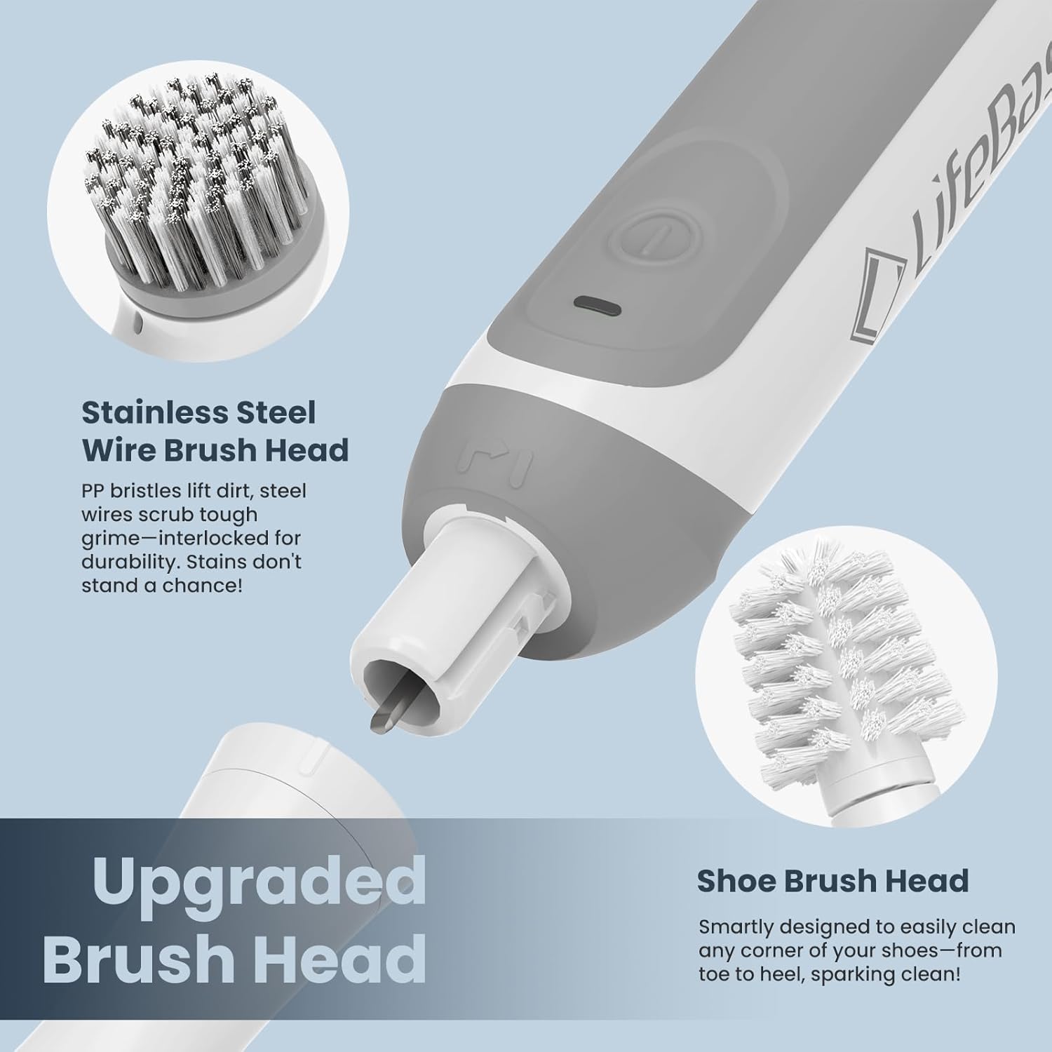 Close-up view of the Upgraded Brush Head mechanism, showing the stainless steel wire brush and shoe brush.