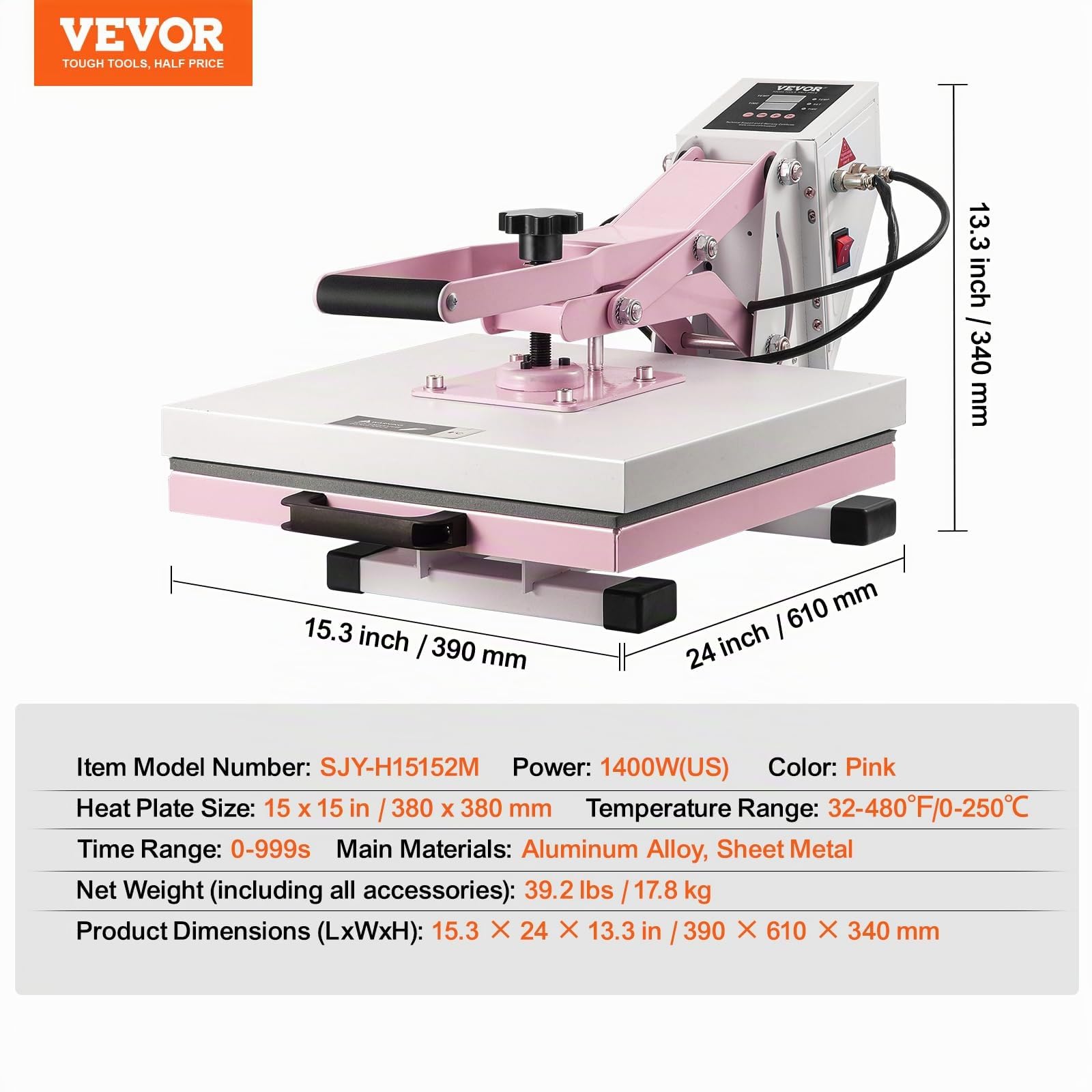 VEVOR Prensa Térmica Deslizable Máquina de Prensa Térmica Digital de 380 x 380 mm con Algodón Aislante de 2 Capas Máquina de Transferencia de Calor para Camisetas, Tazas, Almohadas y Bolsas, Rosa