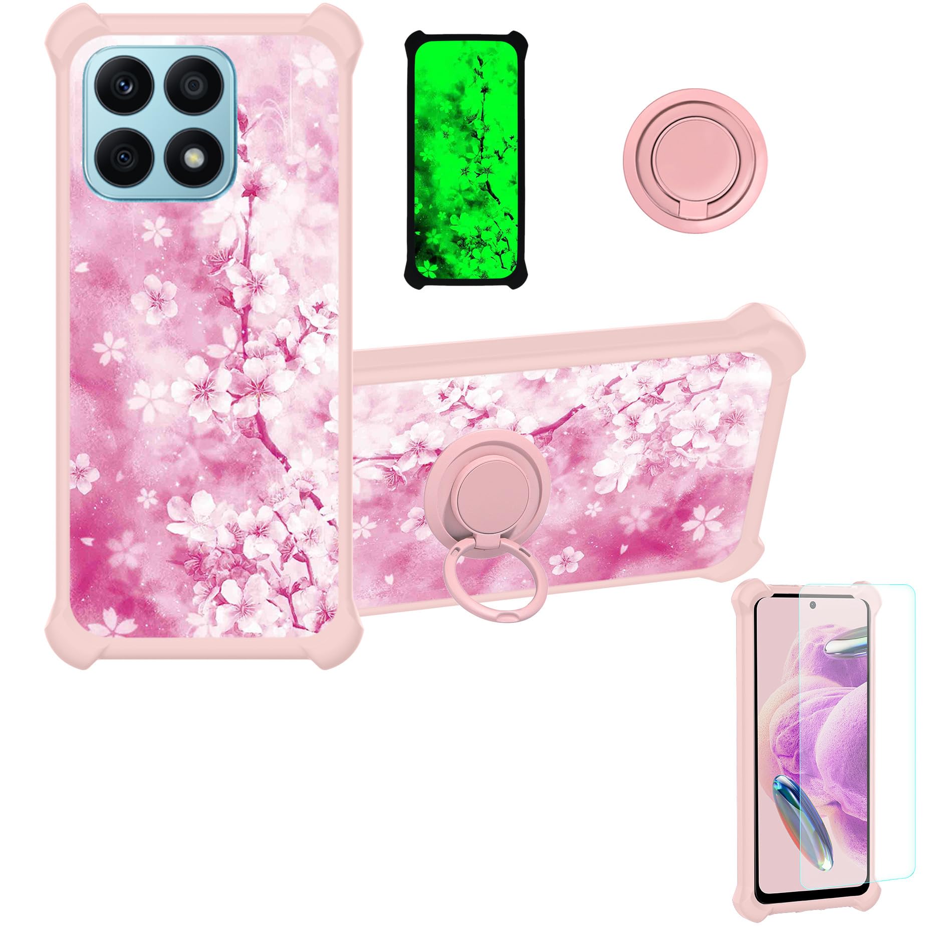 jioeuinly Case for Honor X8a Case Compatible with Honor X8a Phone Case Cover [with Tempered Glass Screen Protector][Ring Support][Luminous Effect] YGF-MH