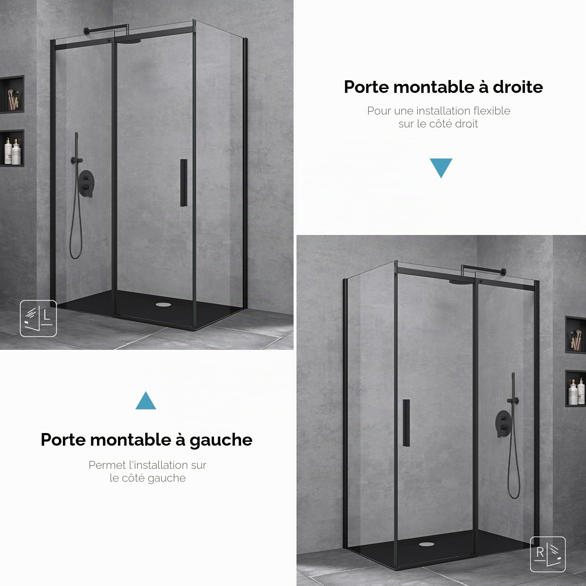 doporro Cabine de Douche Rectangulaire en Angle 90x110cm Porte Coulissante | Paroi de Douche Hauteur de 195cm, Verre Transparent, Profilé Noir, Montage Réversible, Ravenna18K