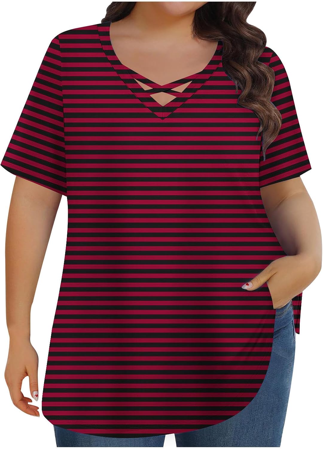 Women Plus Size Tops Round Neck Striped T Shirts Plus Size Short Sleeve Shirt Stretch Summer Trendy 2025 Blouse