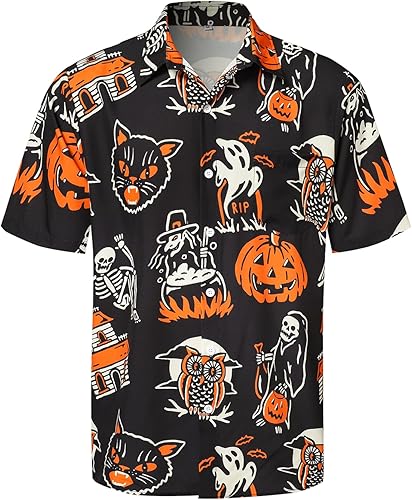Hardaddy Camisa de Halloween para hombre, manga corta, con botones, divertida impresión, casual