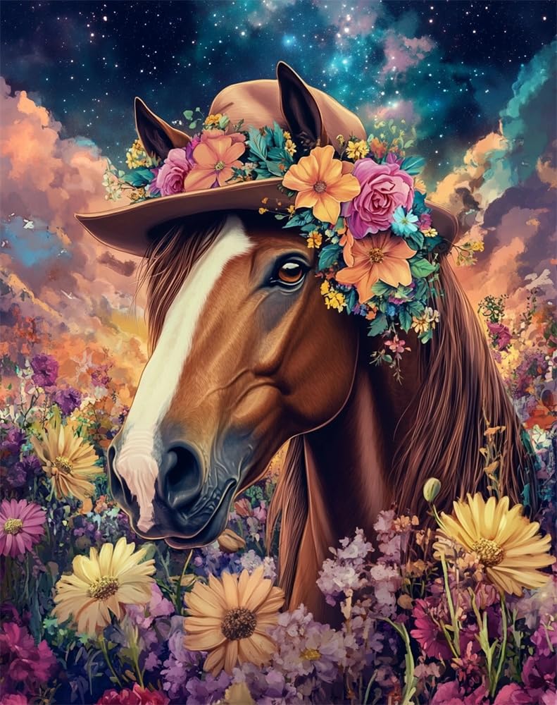 Henypt Counted Cross Stitch Kit for Adults Pre Printed, Horse Wearing A Floral-Wreath Hat DIY 11Ct Embroidery Sewing Starter Kit Stamped Needlework Easy Beginners (Stamped Home)