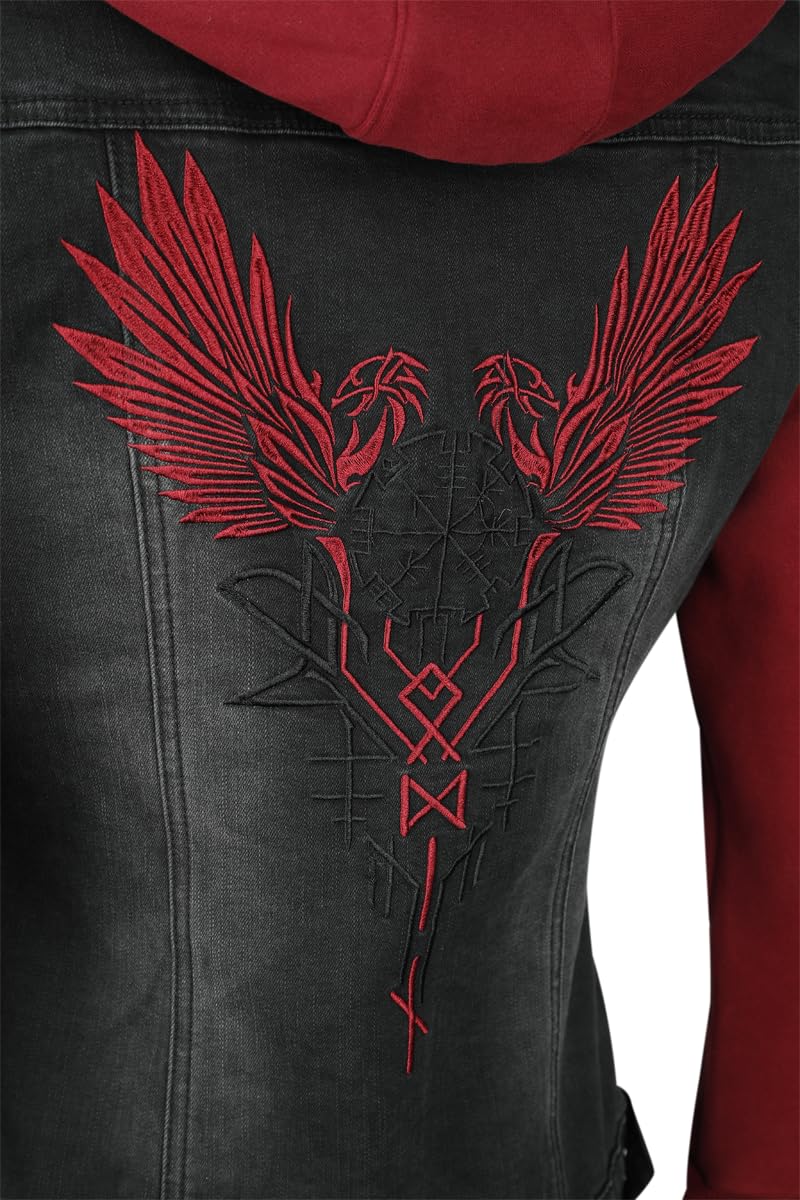 Black Premium by EMP Mujer Chaqueta vaquera negra y roja con capucha desmontable y mangas hechas de tela extra suave para el sudor