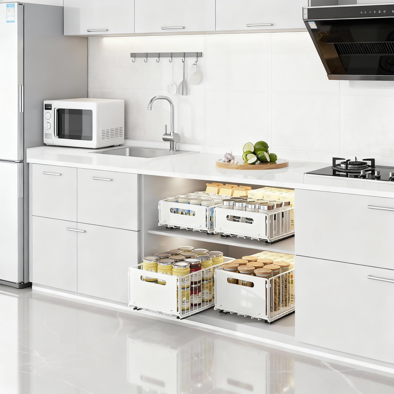 faltbarer ausziehbarer Schrank-Organizer, ausziehbarer Schrank-Organizer, ausziehbare Schubladen-Regalaufbewahrung für die Organisation von Küchenschränken (White, 2 Large + 2 Small)