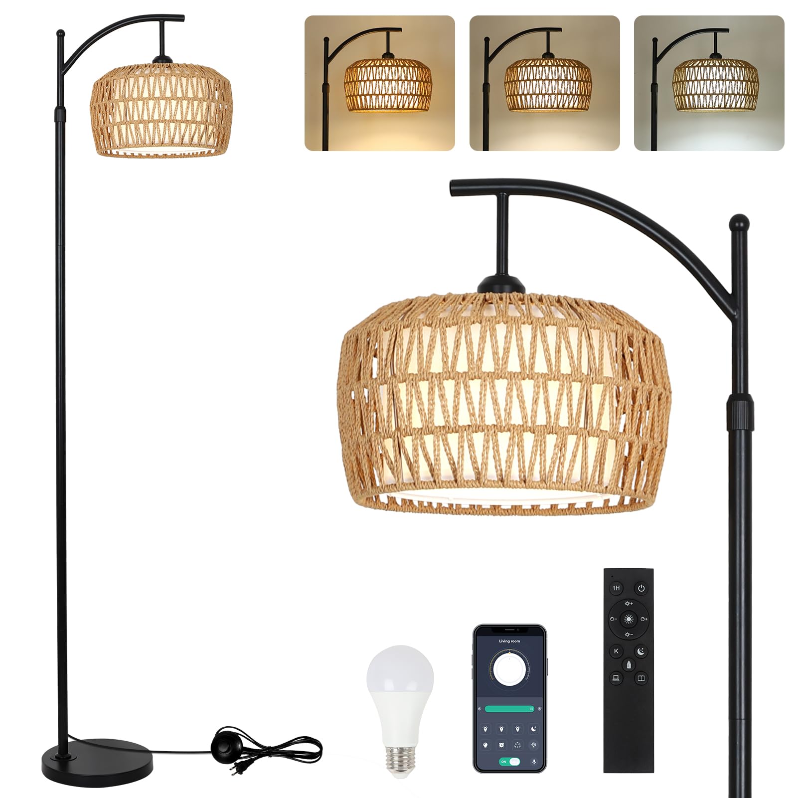 Rayofly - Lámpara de pie de ratán, con intensidad variable con control remoto, control de aplicaciones, lámpara de pie Boho con pantalla de ratán y bombilla, color negro