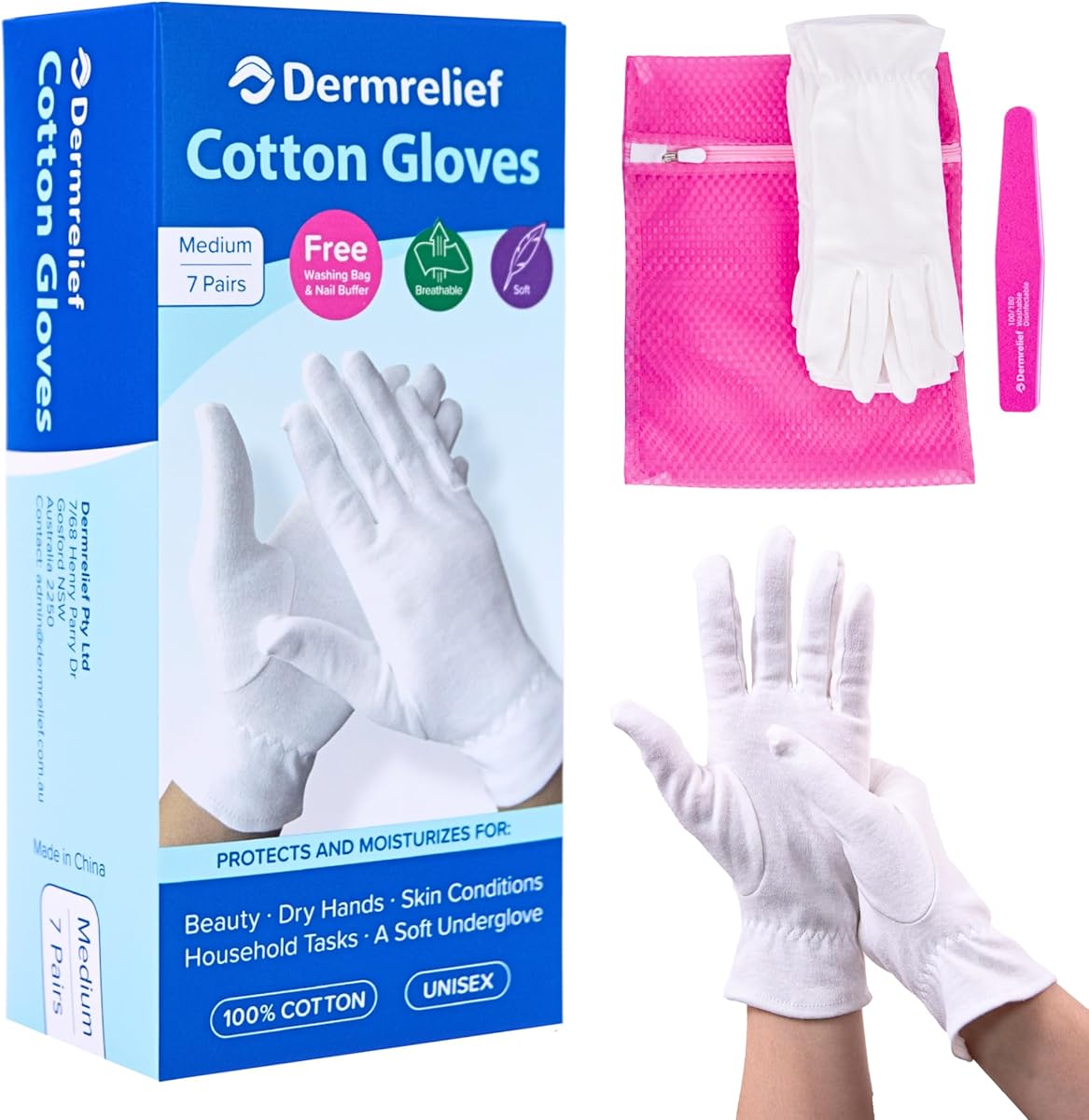 Cotton Gloves - for Beauty, Dry Hands, Eczema, Dermatitis and Psoriasis (7 Pairs) with Free Gifts (Professional Nail Buffer & Washing Bag) (Large)