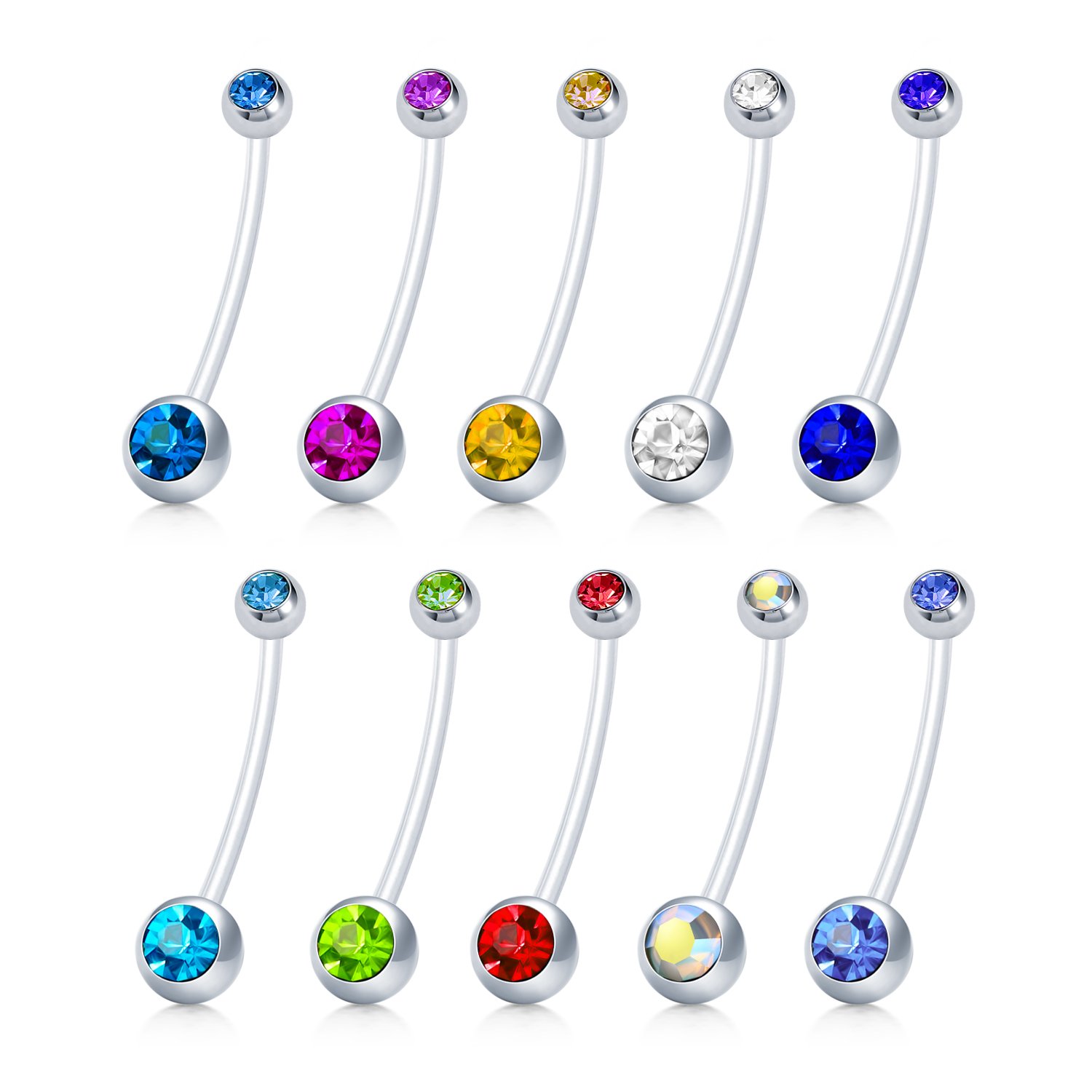 FunseedrrFunseedrr Paquete DE 10 embarazos Flexibles Transparentes Maternity Belly Navel Bars PTFE con Bolas de Gema 14Gauge 38mm