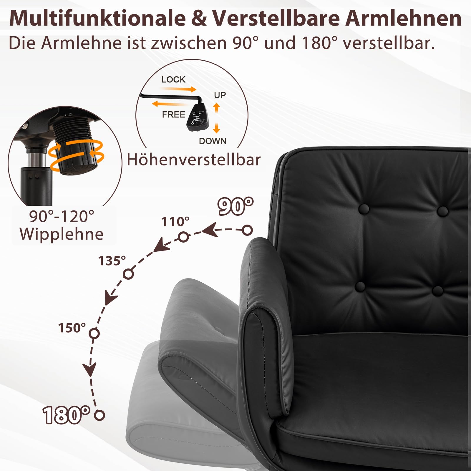 Bürostuhl Ergonomisch mit 5-Stufig Verstellbare Armlehnen, Schreibtischstuhl mit Breitem Sitzkissen, PU Leder Schneidersitz Stuhl mit Neigefunktion, Höhenverstellbar Drehstuhl, Schwarz