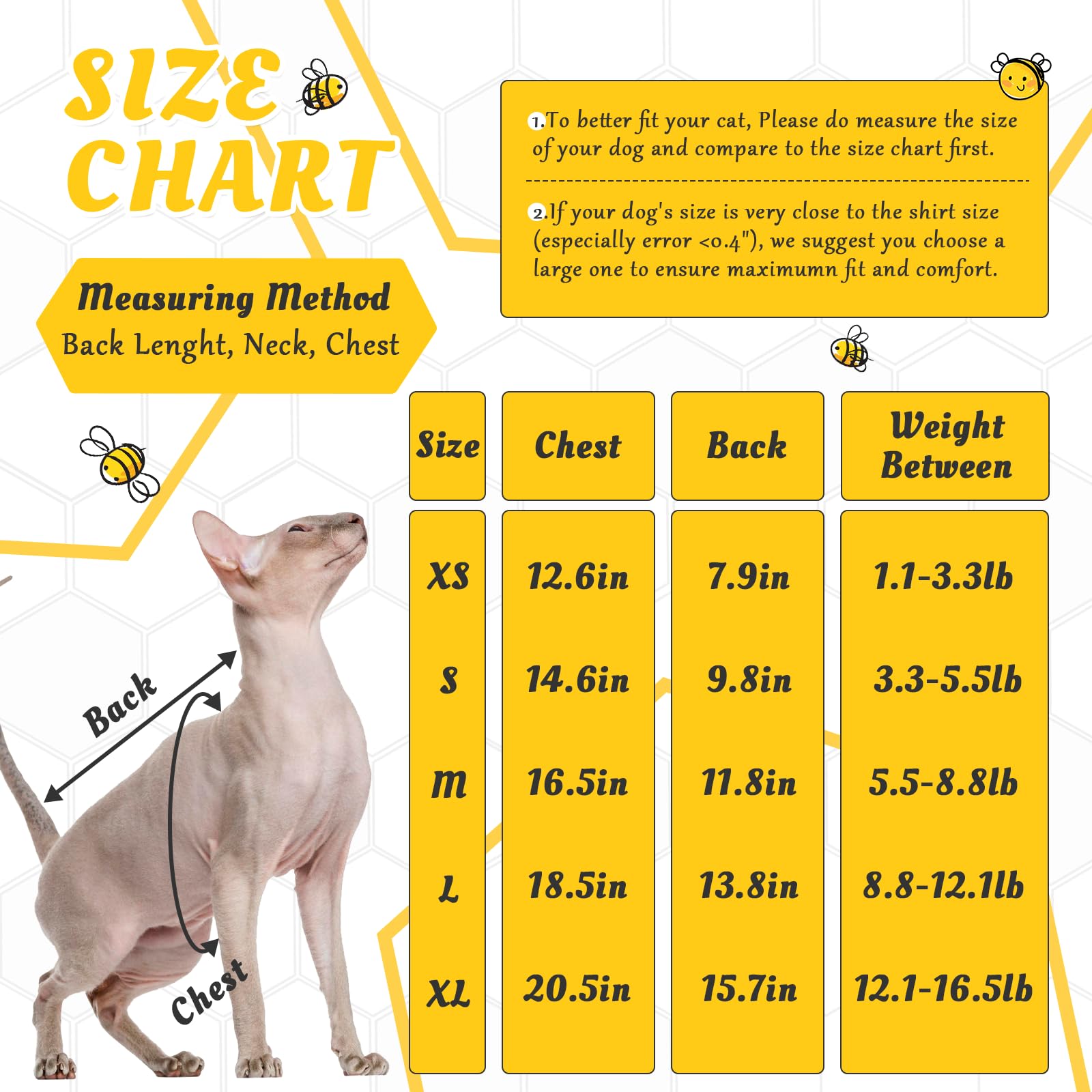 QBLEEV Sphynx - Ropa de gato de abeja, disfraces de gato solo para gatos, suéteres sin pelo, camisa cálida para gatitos, pijama de gato, ropa de mono para gatos machos y hembras