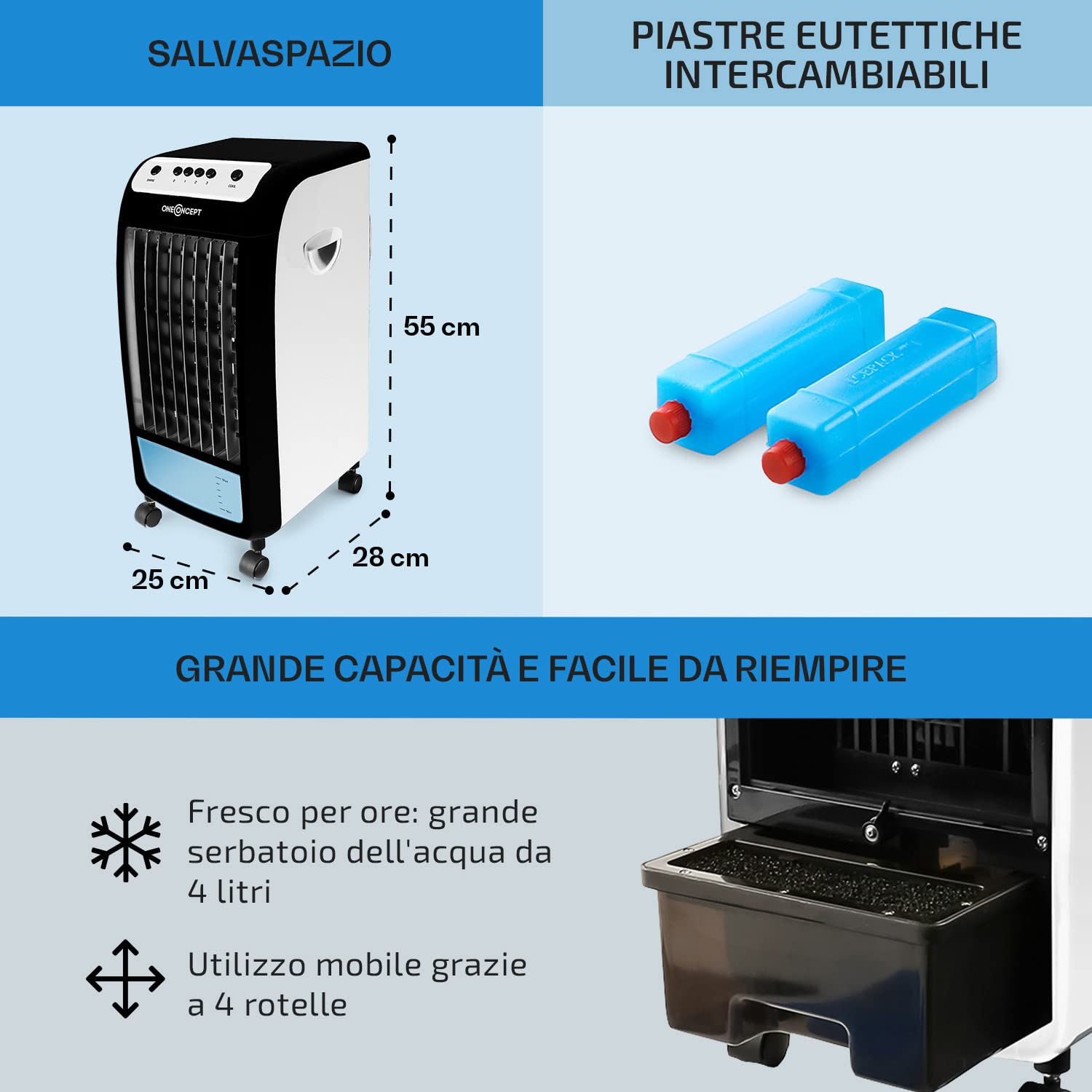 Oneconcept - Caribbean Blue, refrigeratore d’aria portatile, ventilatore, umidificatore, 3 velocità, portata d'aria 400 m³/h, 70 W, serbatoio 4 l, 2 vaschette ghiaccio, oscillazione, 4 rotelle (ebano)