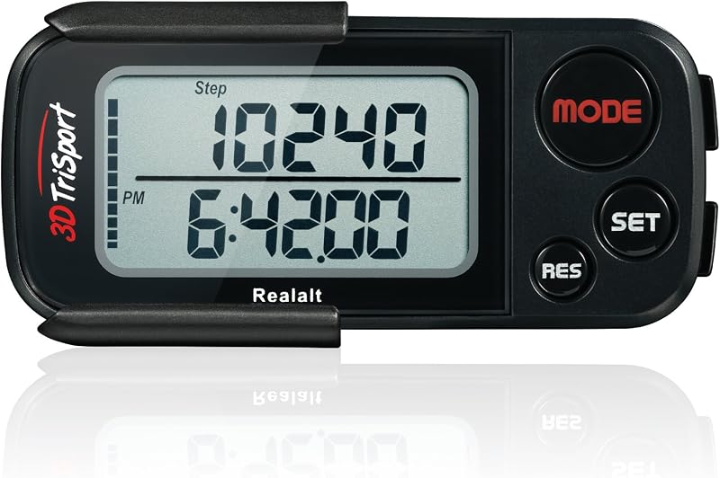 Realalt 3DTriSport Podómetro 3D para caminar con clip y correa, contador de pasos preciso con memoria de 30 días, distancia en millas/KM con pantalla grande, perfecto para personas mayores y principiantes, libro electrónico incluido