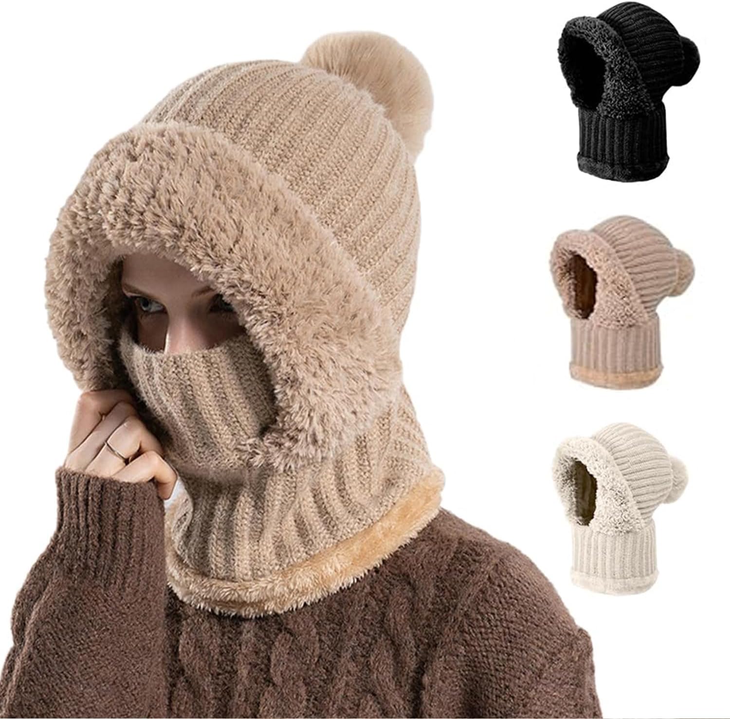 3 in 1 Beanie Hat for Women, Hat with Scarf and Mask, Winter Warm Knitted Ski Scarf and Mask Set