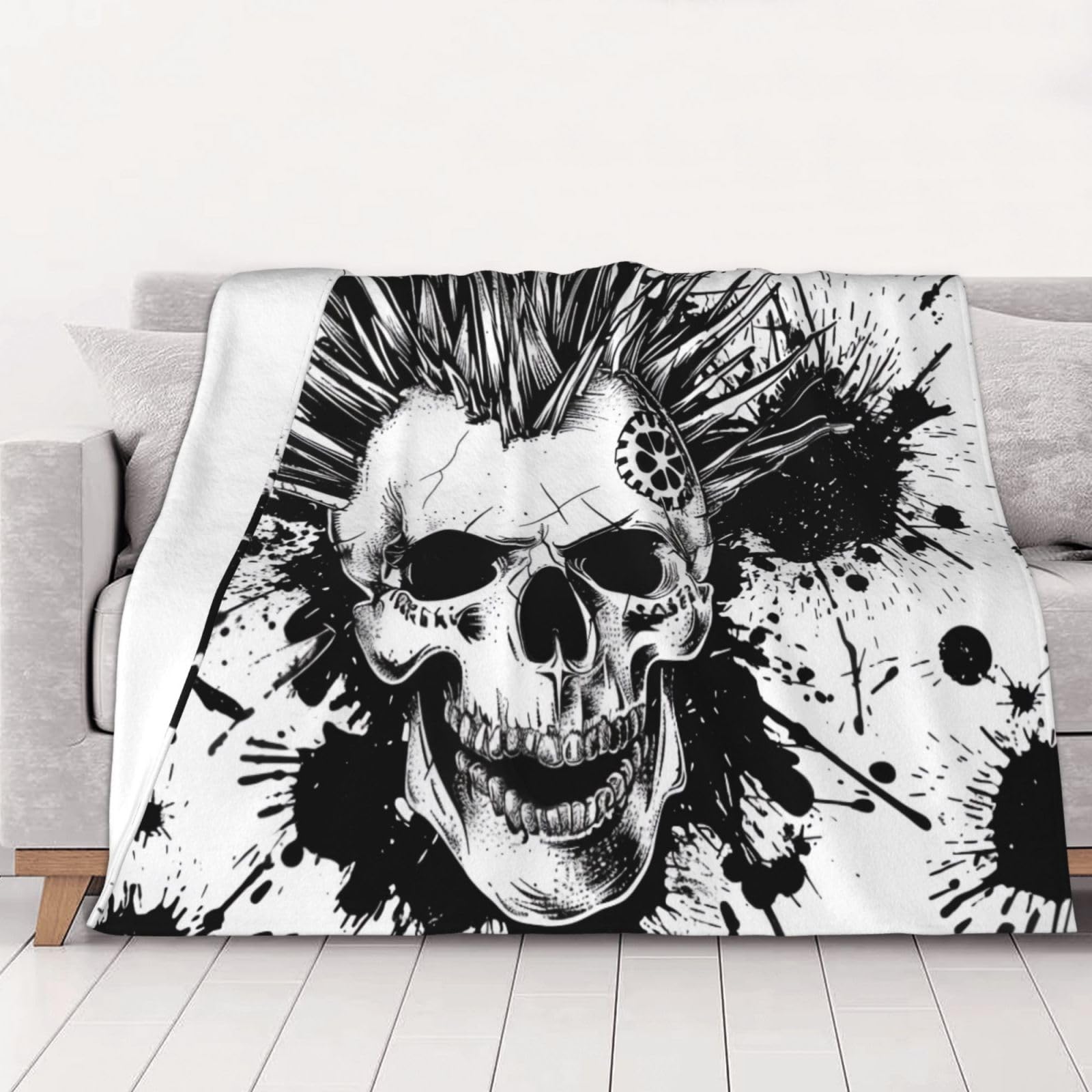 Couverture crâne punk en flanelle noire et blanche 200x150 cm pour lit