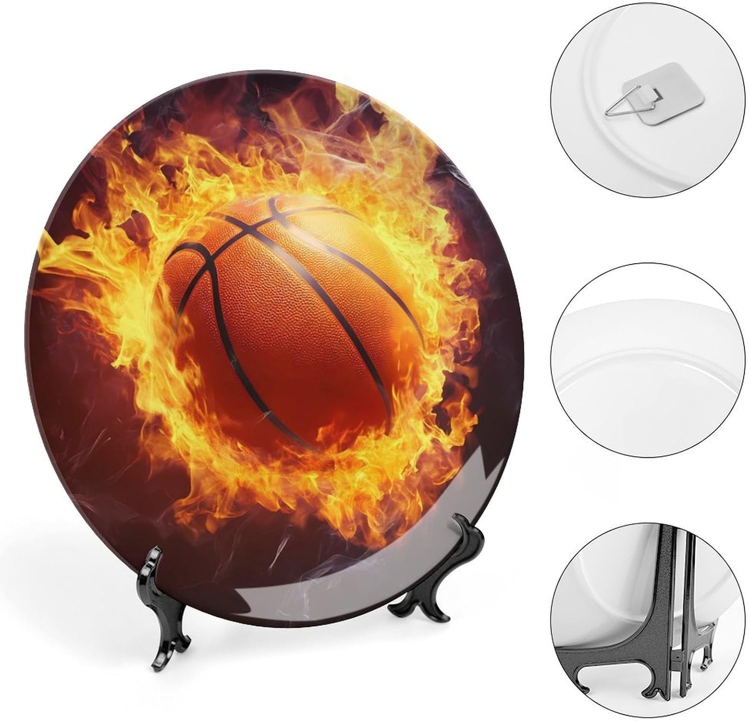 Fire Basketball Bone China Decorative Plate with Stand Home Dessert Plates Gift for Men Women 7inch