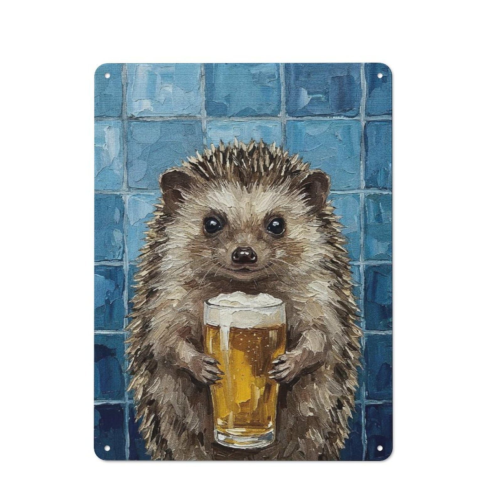 Hedgehog with Beer Painting Workshop Style Metal Wall Decor 40x30cm, Decorative Metal Plaque for Garage, Workshop, Shed Or Utility Room