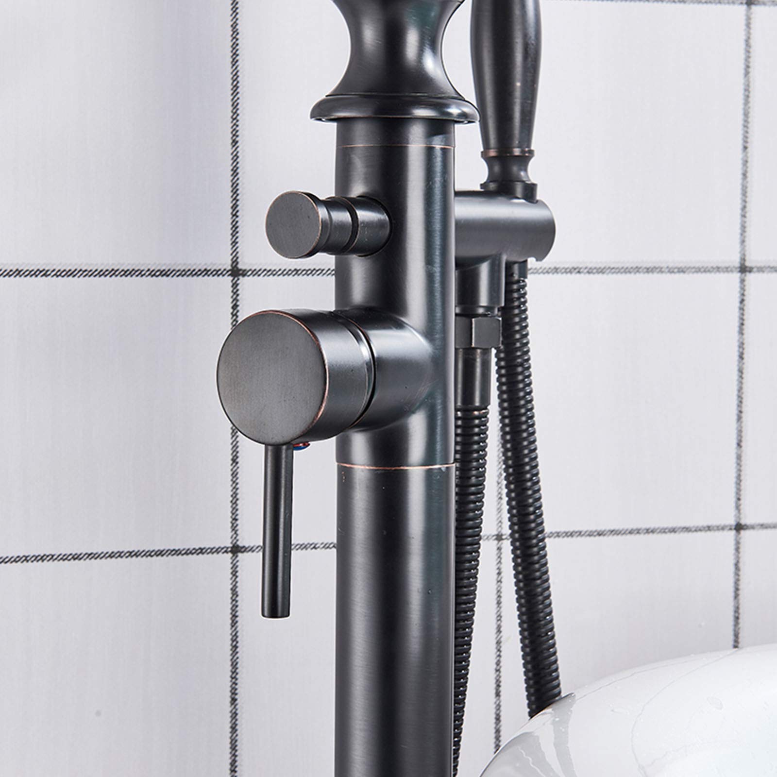 Grifo de bañera de pie, Grifo de bañera con caño Giratorio de una Sola manija con Ducha de Mano, Grifo de bañera de pie de latón, Bronce frotado con Aceite,