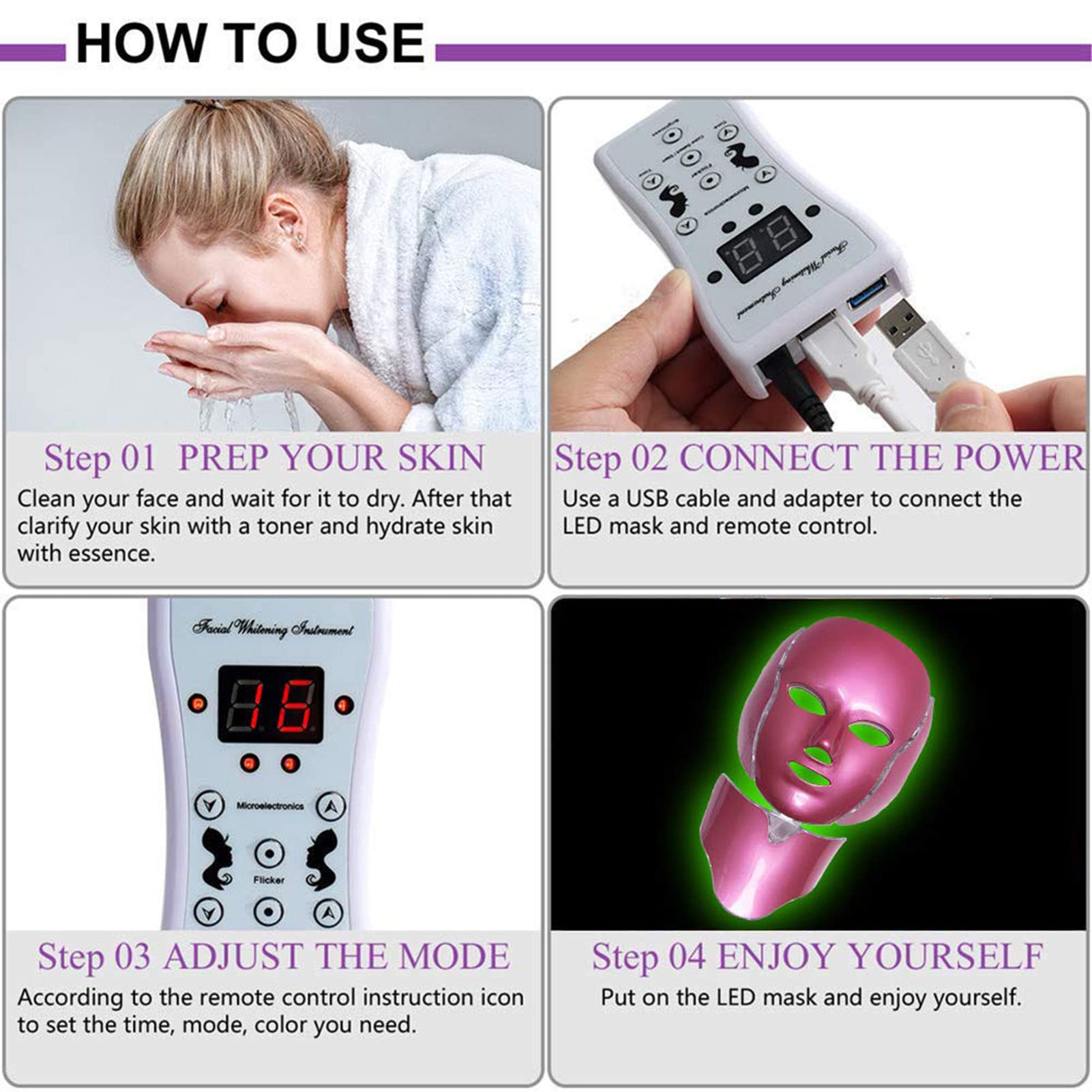 Máscara Facial LED, 7 Colores Terapia de luz Dispositivo de Belleza de Fotones Faciales, para Rejuvenecimiento Facial, Reducción de Arrugas, Antienvejecimiento