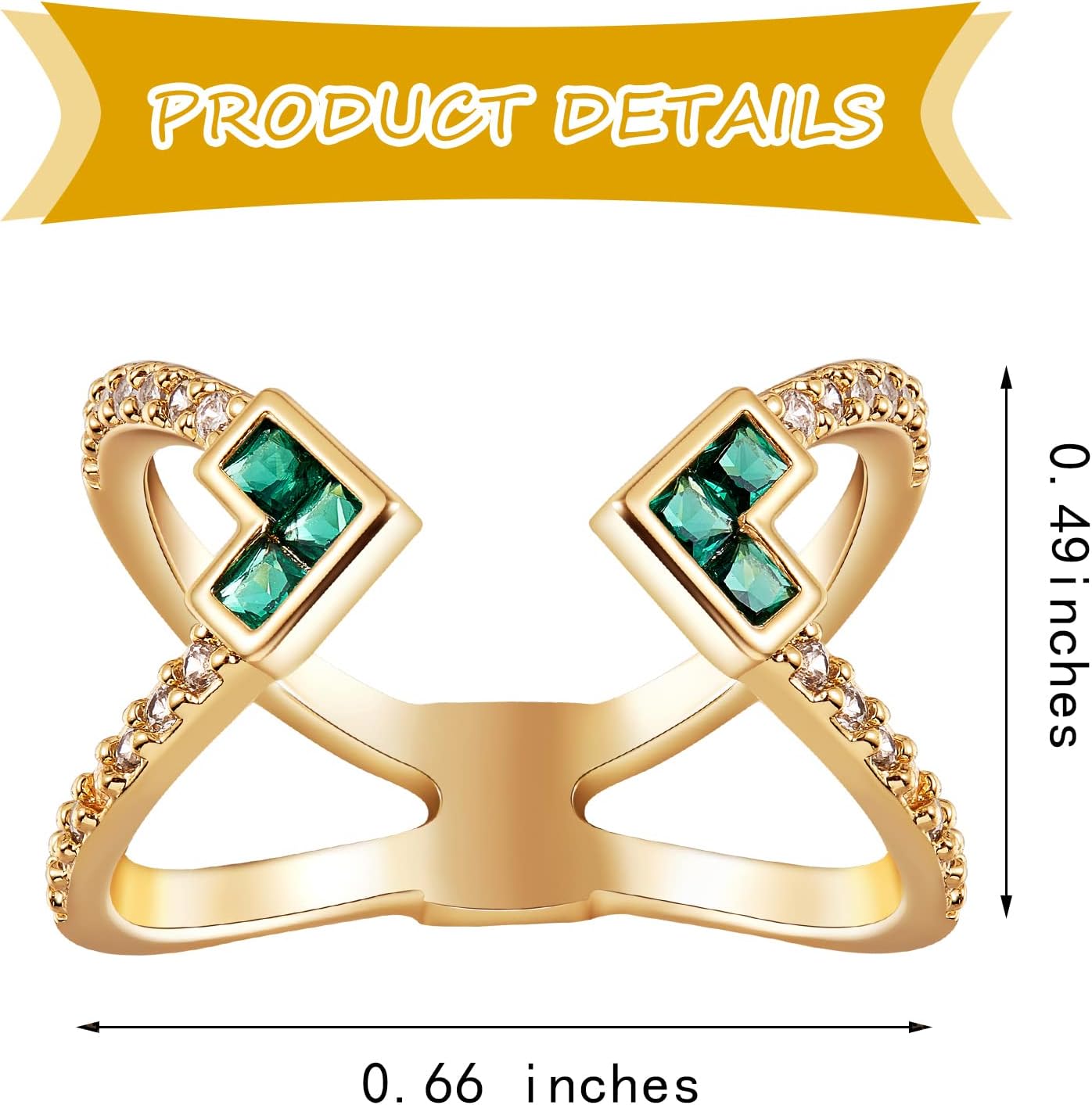 Ornaland Women Criss Cross Open Ring Green Cubic Zirconia Cuff Ring Real 18K Gold Plated Fashion Stackable Ring Charm for Women Wedding - Image 3