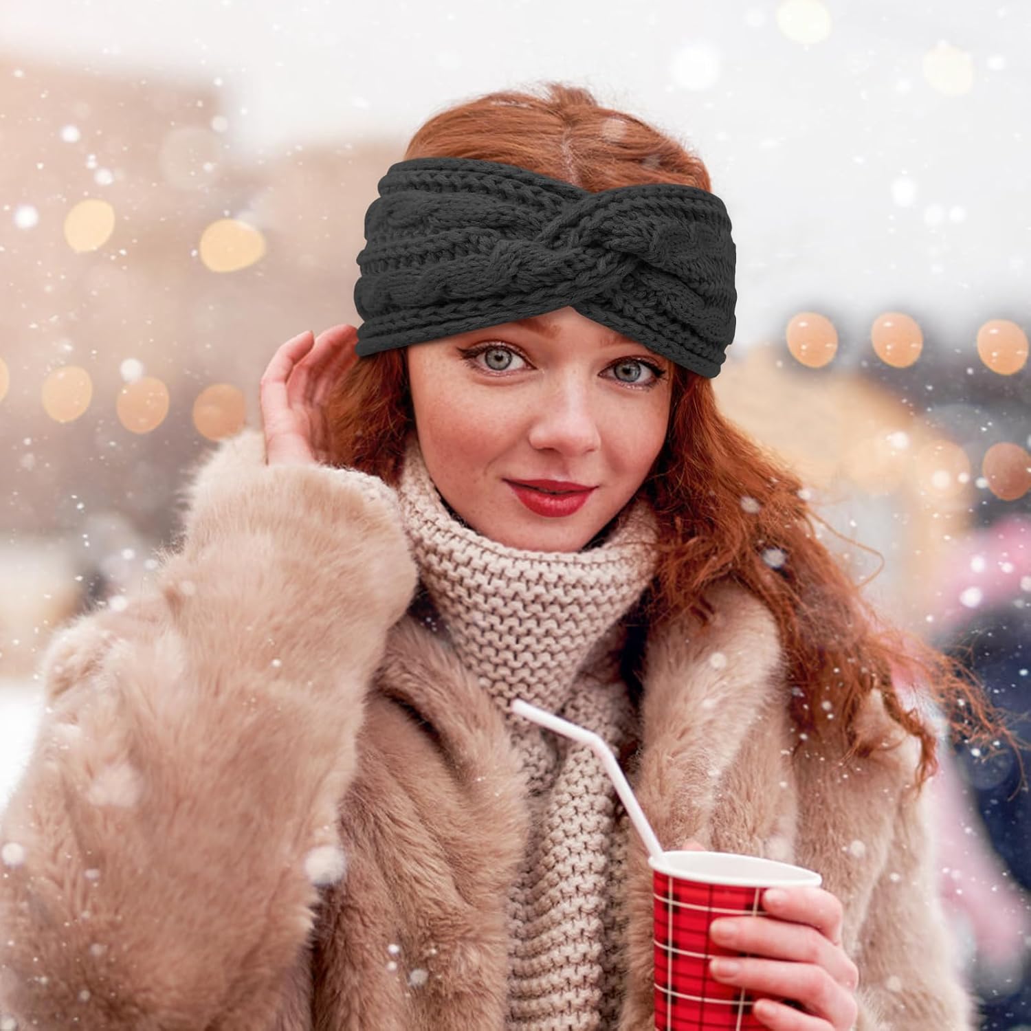 Chalier Warm Winter Headbands for Women Cable Crochet Turban Ear Warmer Headband with Plush - Image 8