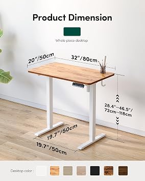 FEZIBO One-Piece Standing Desk Height Adjustable Stand up Home Office Desk, 32x20 Inch Small Electric Standing Computer Desk, with 4 Memory Presets, Headphone Hook, Light Rustic Top