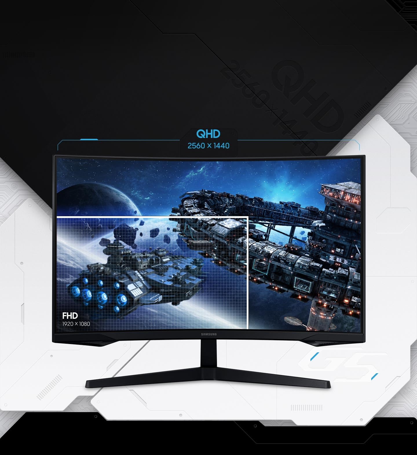 Samsung Ecran PC Odyssey G55C 32’’, 165Hz , 1ms, Dalle VA Incurvée 1000R, QHD : 2560x1440, 2500:1,HDR10, AMD FreeSync, Auto Source Switch +, Pied Ajustable, DisplayPort, HDMI