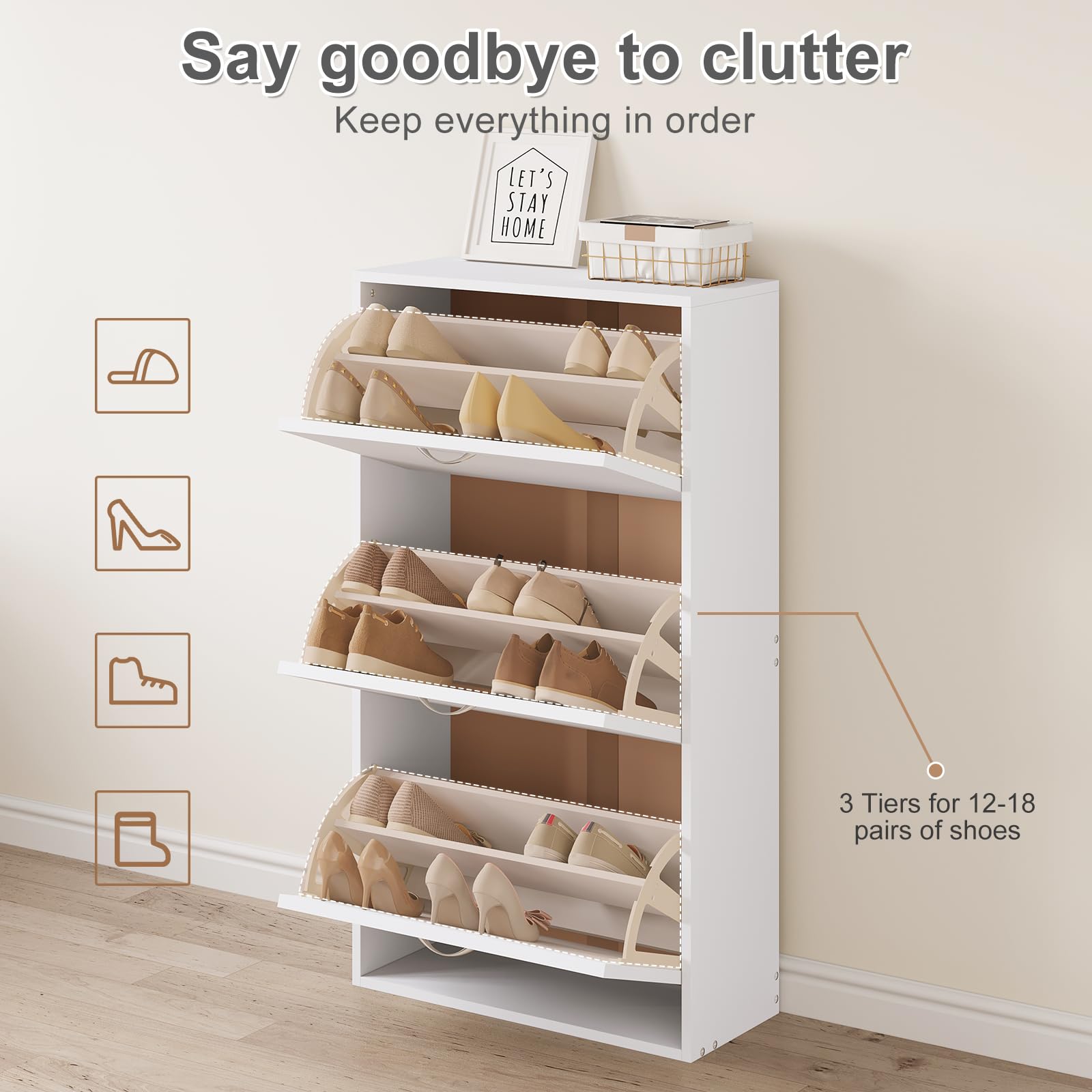 WOLTU Schuhregal schmal hoch, Schuhkipper mit 3 Klappen, Schuhschrank weiß, Schuhkommode platzsparend, Schrank für Schuhaufbewahrung, Schuhorganizer, aus MDF